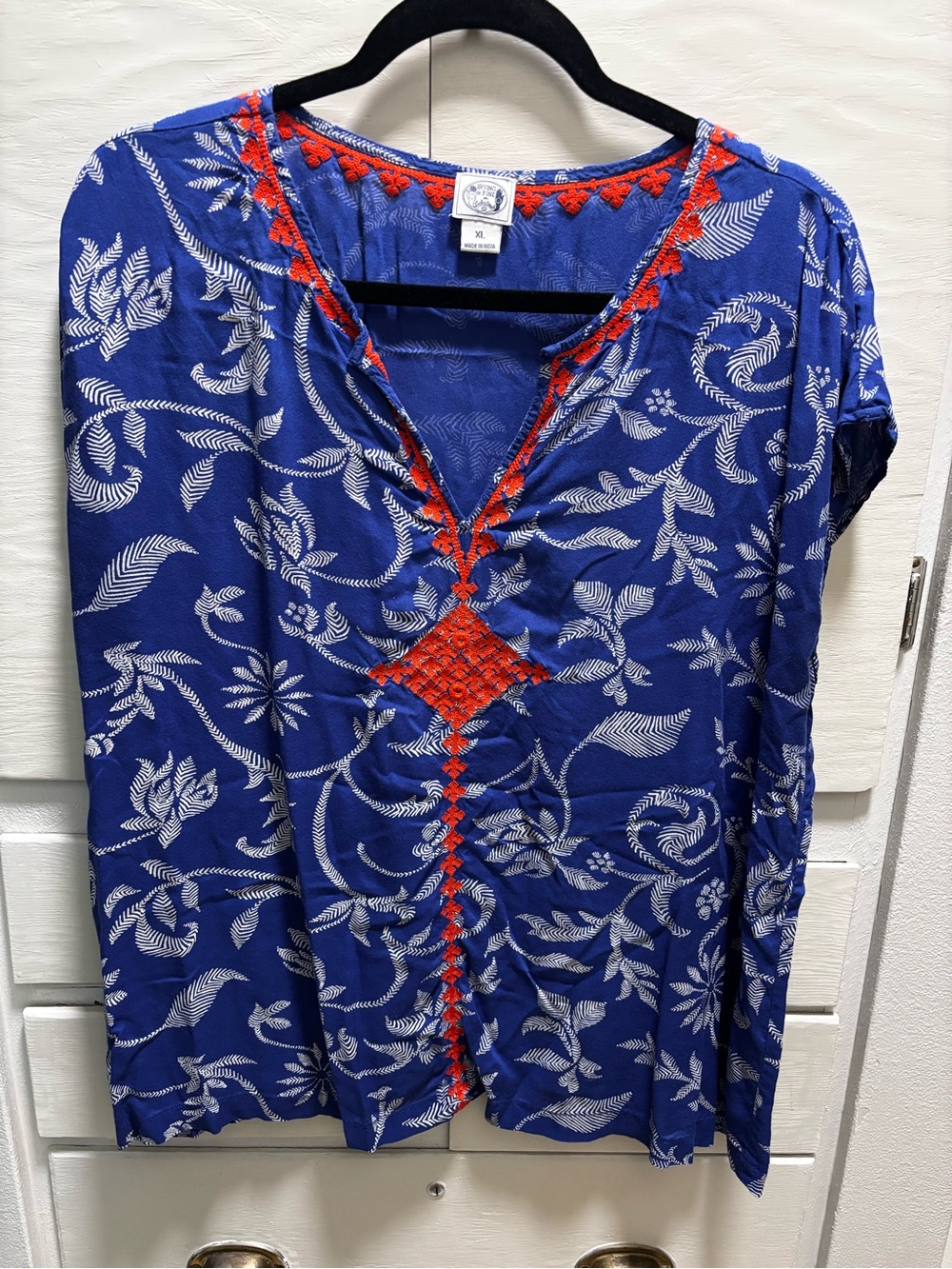 Irving is Fine for Lucky Brand Blue shirt with Red Embroidered Trim